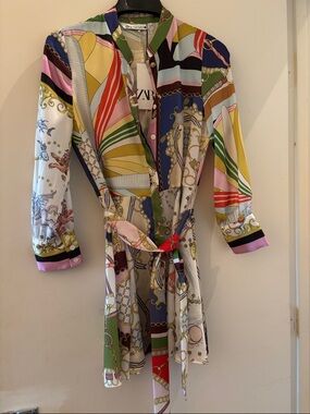 Zara Multicolor Scarf-Print Belted Shirt Dress NWT
